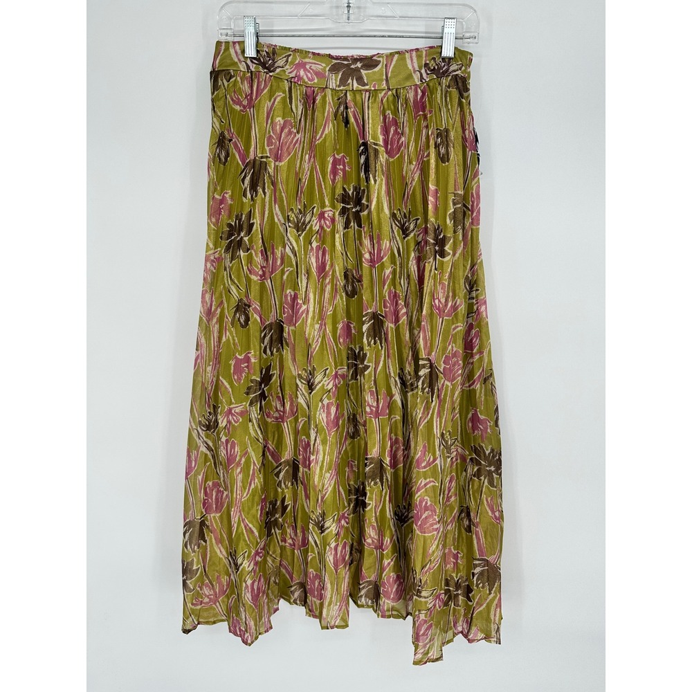 Lark + Grey Women Green Pink Floral Metallic Pleated Midi Skirt Size M